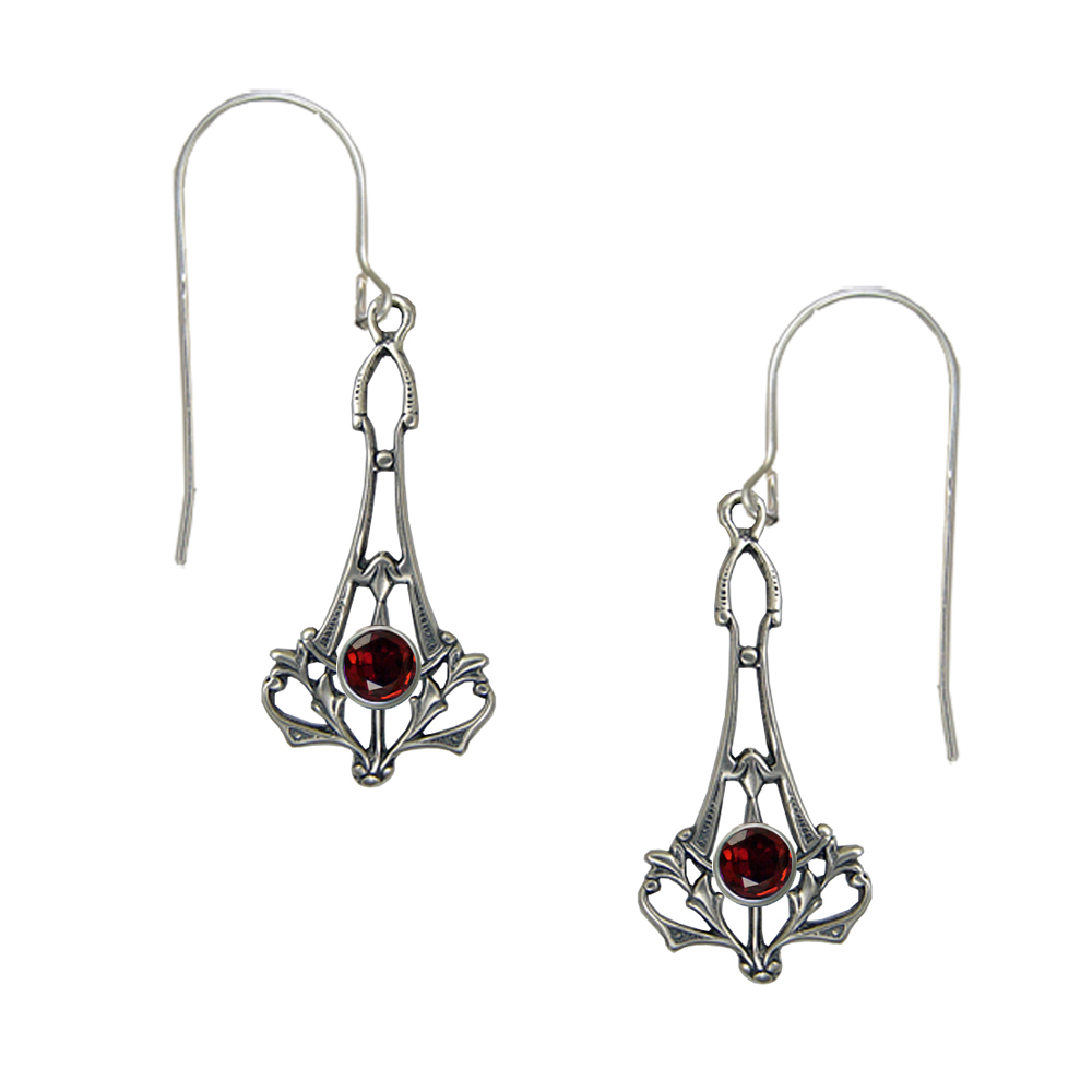 Sterling Silver Art Deco Drop Dangle Earrings With Faceted Garnet